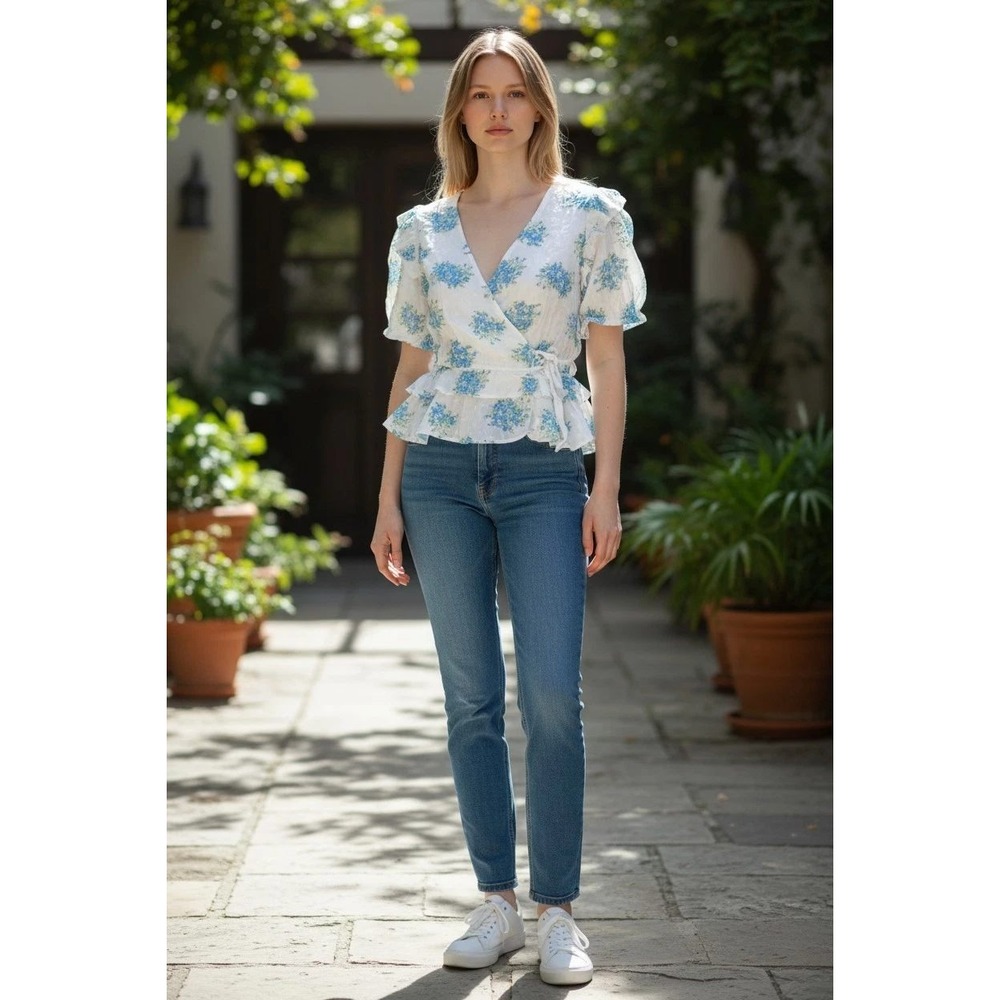Promesa White/Blue Floral Crop Top Short Puff Sleeve Ruffle Blouse Small NWT